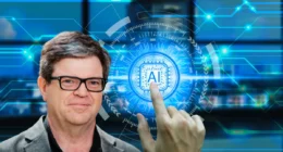 Image of Yann LeCun with an AI visual and finger pushing a button in the background