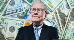Warren Buffett wearing glasses and suit against a background of US dollar bills