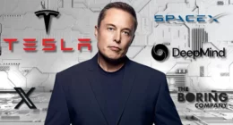 Elon Musk in a dark blazer and t-shirt against a white circuit board background with Tesla, SpaceX, X, DeepMind, and The Boring Company logos
