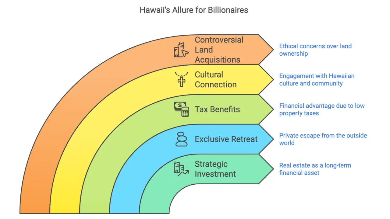 Island Empires: How 37 Billionaires Came to Own 11% of Hawaii's Private Land 3 Rainbow-shaped infographic showing five main factors attracting billionaires to Hawaii: Controversial Land Acquisitions, Cultural Connection, Tax Benefits, Exclusive Retreat, and Strategic Investment