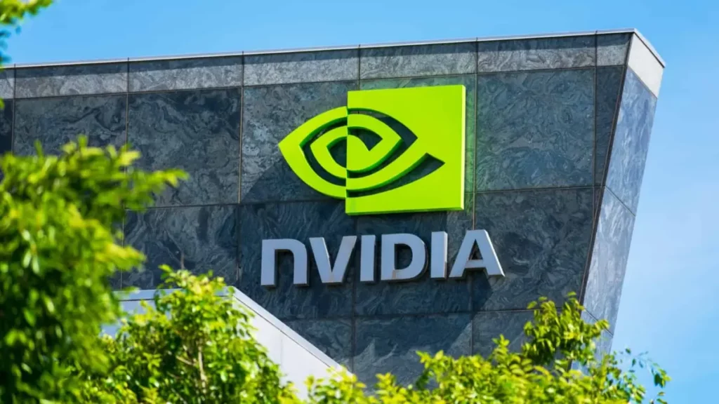 Nvidia logo on the exterior of a corporate building.
