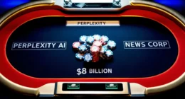 High-stakes poker table with Perplexity AI and News Corp logos, and $8 billion in chips at the center