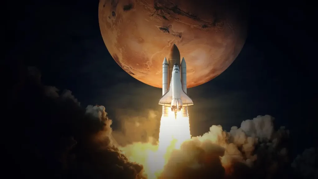 Space shuttle launching with planet in the background.