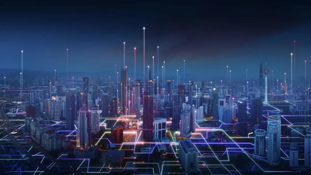 Futuristic cityscape with interconnected technology lights.