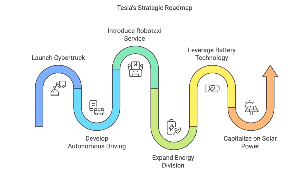Why Tesla Just Shocked Wall Street with Q3 Results! 4 nfographic showing Tesla's strategic roadmap with curved paths connecting initiatives: Cybertruck launch, autonomous driving development, robotaxi service introduction, energy division expansion, and solar power capitalization