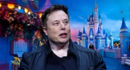 Composite image of Elon Musk against Disney castle background, symbolizing the corporate showdown between X and Disney